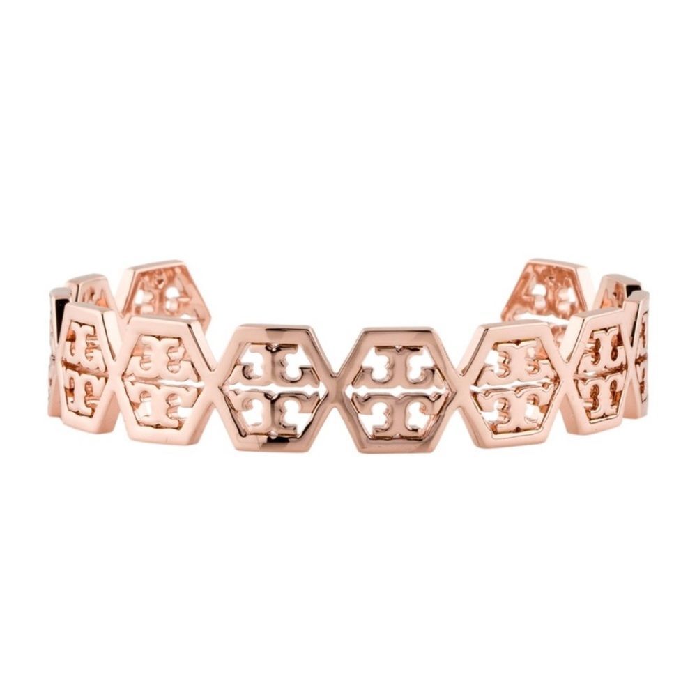 Tory Burch Hexagon Frozen Logo Cuff Bracelet Rose Gold Plated Bangle Jewelry - Picture 2 of 8